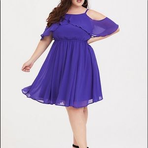 Torrid purple cold shoulder dress.